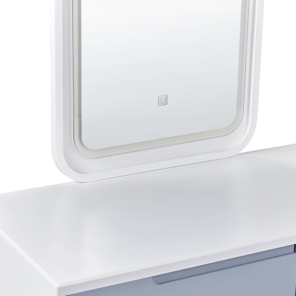 Set di tavolini da toilette Bianco Piano in legno di produzione Gambe in legno Specchio a LED con contenitore e 2 cassetti