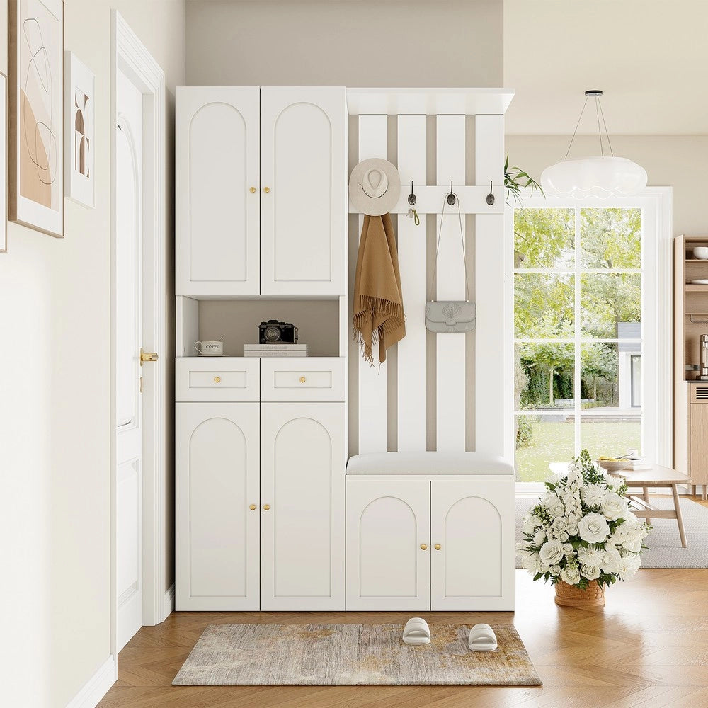 Set Ingresso con Scarpiera, Panca e Appendiabiti ¨C MINIMAL ¨C Bianco, 4 Ganci, 6 Ante, 2 Cassetti, 110x180x37 cm