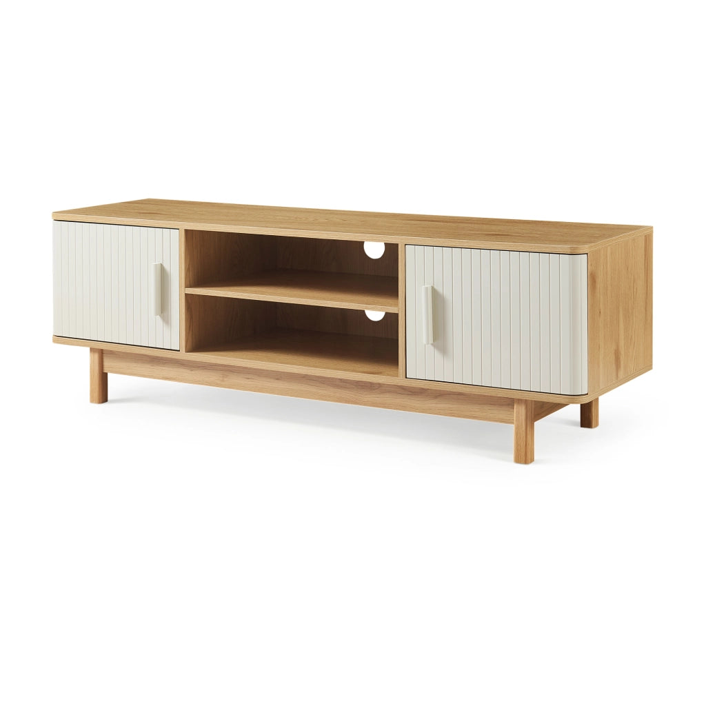 Mobile Porta TV Ferrersp a 2 Ante e Scomparti Aperti 140 x 40 x 45 cm - Effetto Rovere / Avena Oatmeal [en.casa]