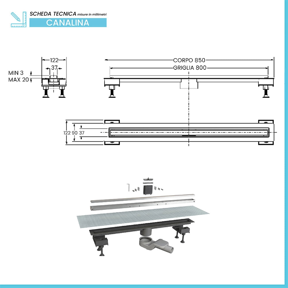Canalina doccia 80 cm in alluminio reversibile scarico centrale, sifone e piletta inclusi