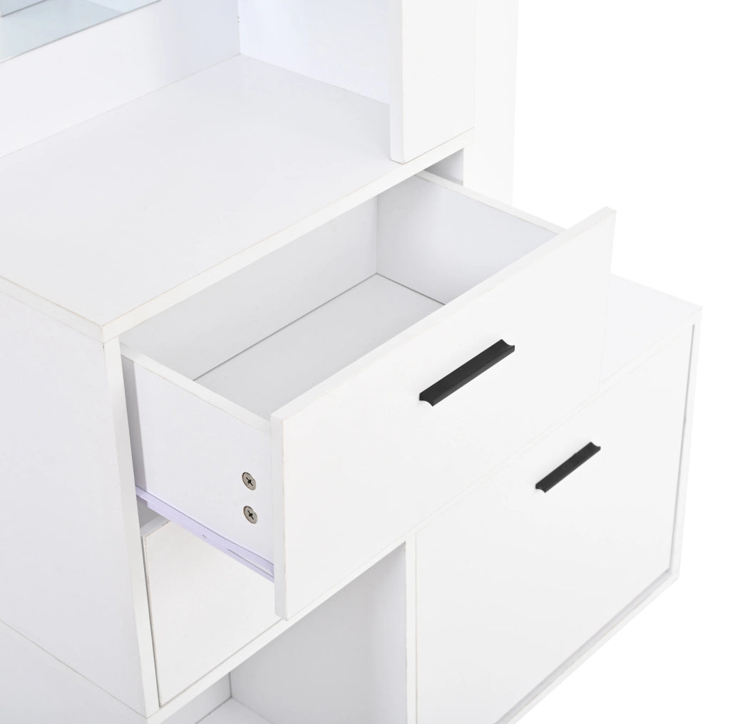Garderobiera con specchio; 2 cassetti; 3 ganci e scarpiera ribaltabile 90x30x180 cm; bianca