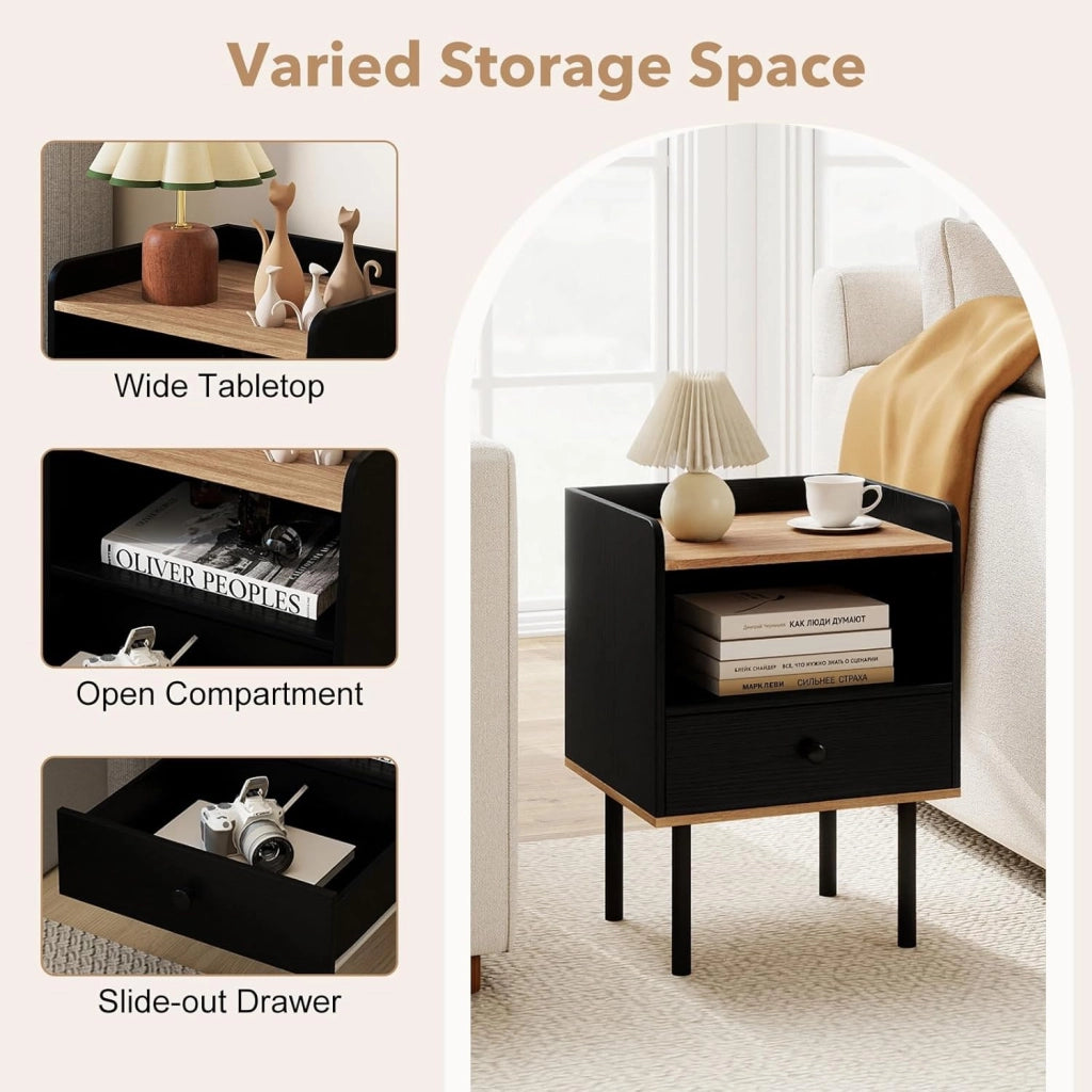 Comodino in Legno con Cassetto, Tavolino da Salotto con Ripiano Aperto, Comodino Moderno per Camera da letto, Soggiorno, Cameretta, 40,5 x 35 x 56 cm (1, Nero)
