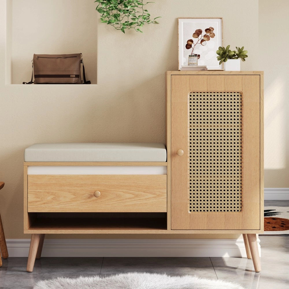 Panca Scarpiera con Cuscino, Cassetti e Ante in Rattan ¨C MINIMAL ¨C Ingresso Salvaspazio