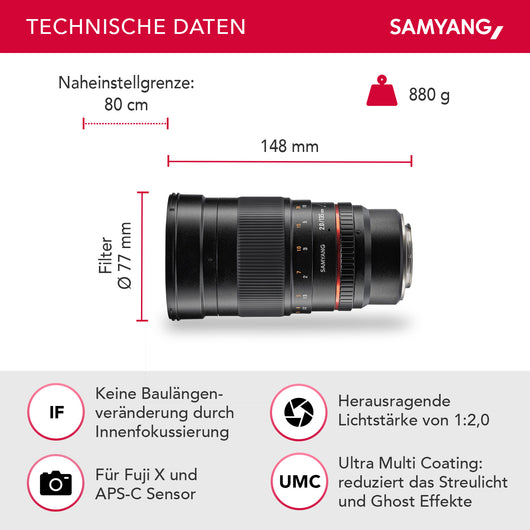 Teleobiettivo fotografico 135mm F2.0 per Fuji X – Full-frame e APS-C Obiettivo fisso con X Mount – Focus manuale, per X-T5, X-H2, X-H2s, X-E4, X-T4, X-T200, X-Pro3, X-A7, X-T30, X-T30 II, X-T3