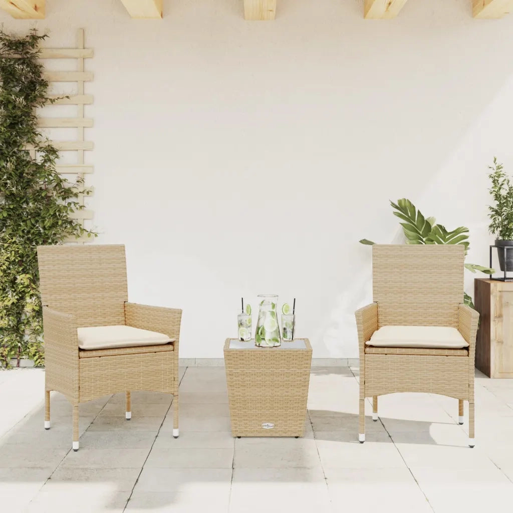 Set da BistrÃ² 3 pz con Cuscini Beige Polyrattan e Vetro