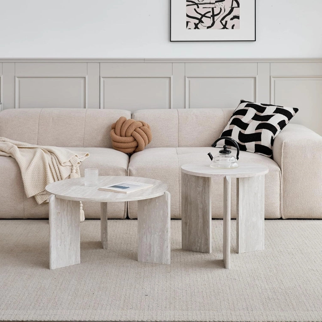 GrandCA HOME Set di Tavolini da Caffè da 2 Pezzi, Tavolino Moderno Nordico a Tre Gambe, Materiale MDF, per Soggiorno, Camera da Letto (Travertino Grigio)