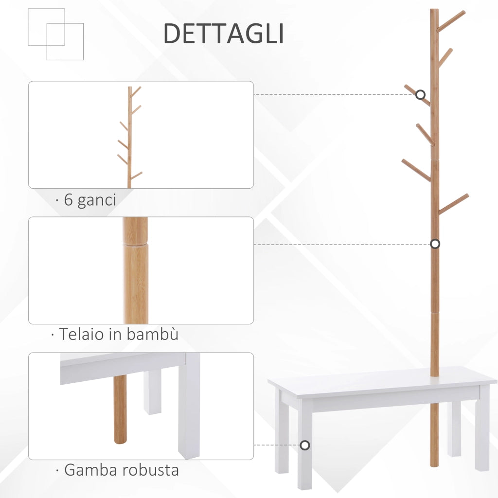 EasyComfort Panca con Appendiabiti da Ingresso, Attaccapanni da Terra in Bambù, Panca da Ingresso Bianca, Design, anche per Camera da Letto, 80x30x180cm, Bianco Legno