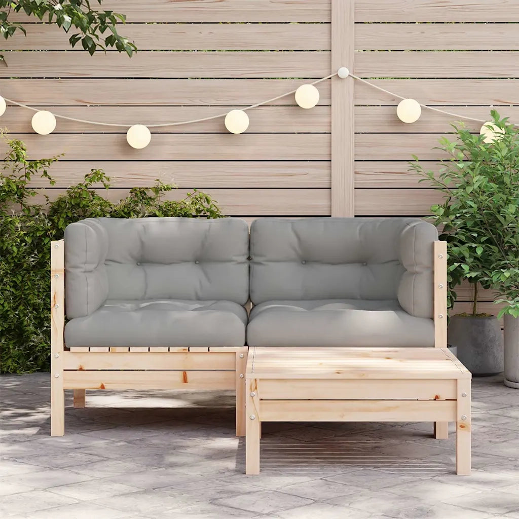 Salotto da Giardino-Set Divani da Giardino 3 pz con Cuscini Grigi Massello di Pino