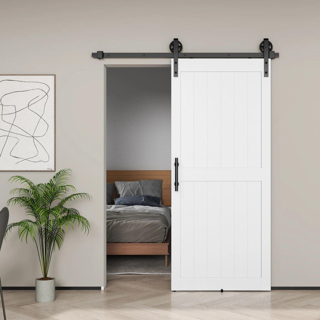 Porta Scorrevole in Stile Country con Binario 91,5x 213,4A cm in Legno e Acciaio Bianco e Nero