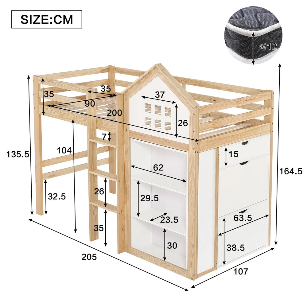 Letto a Soppalco per Bambini con Cassetti e Scala ¨C Xylo ¨C Bianco/Naturale, Pino/MDF/Multistrato, 90x200