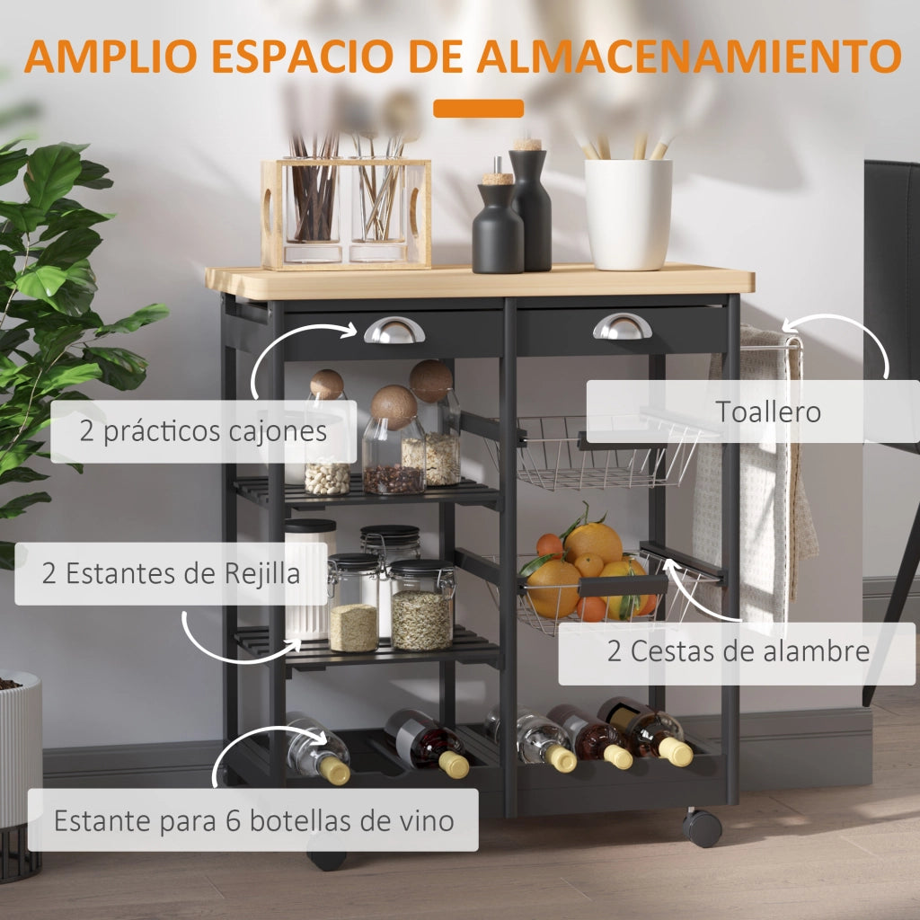 Carro per cucina con 2 cassetti, 2 cestini e 2 ripiani ¨C zephmum ¨C Nero 74x37x76 cm