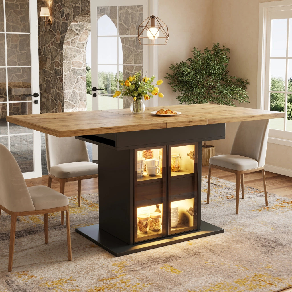 Tavolo da pranzo allungabile nero con LED RGB e contenitore