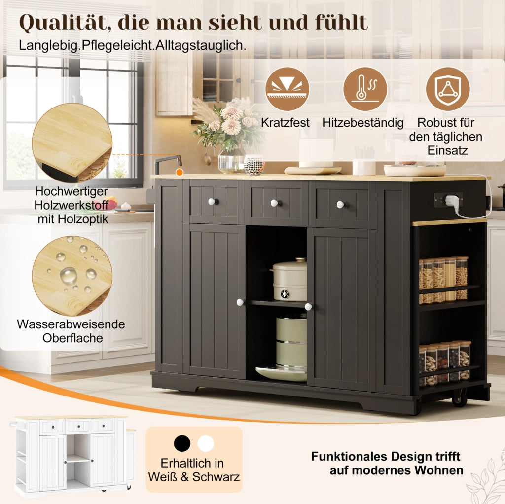 Isola da cucina mobile con tavolo estraibile; prese USB e 2 prese EU; 138(213)x55x93 cm; nero e naturale