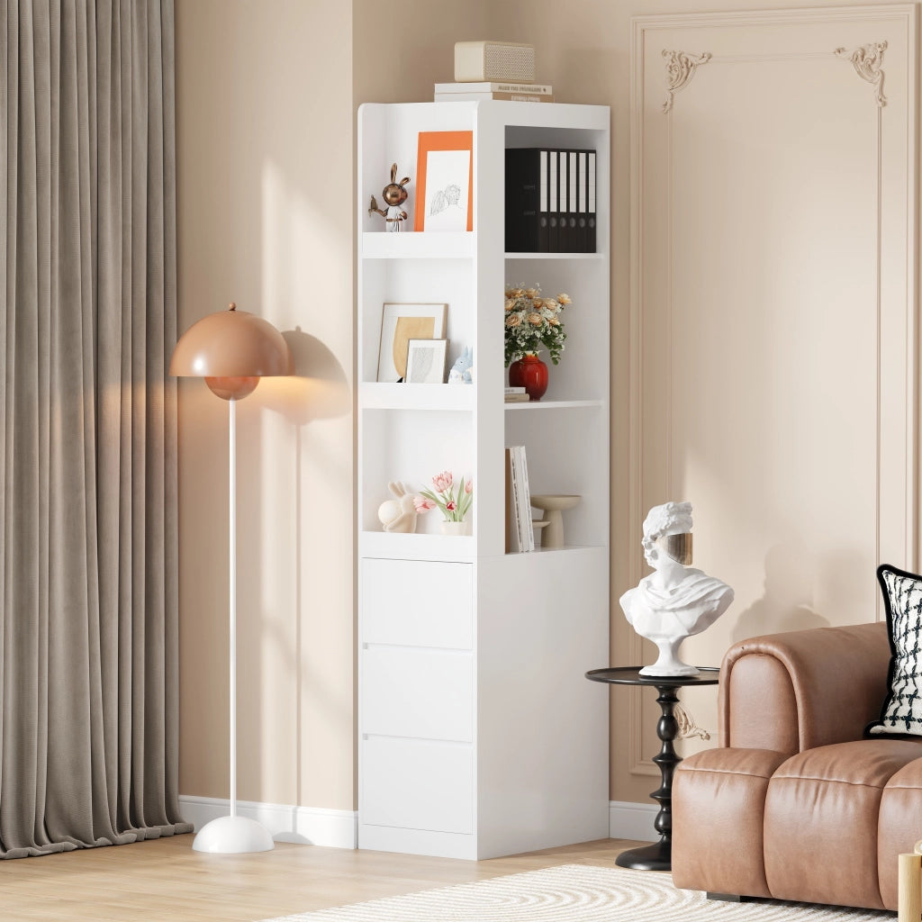 Libreria stretta alta 200 cm con 3 ripiani aperti e 3 cassetti, bianca, struttura in truciolare