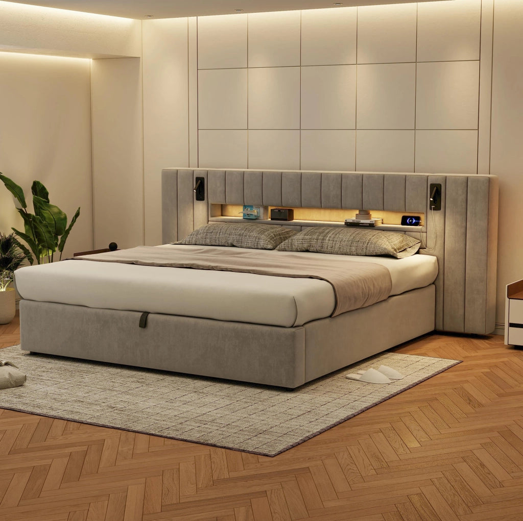 Letto matrimoniale contenitore 180x200 cm con USB; LED e lampada; velluto grigio (Senza materasso)