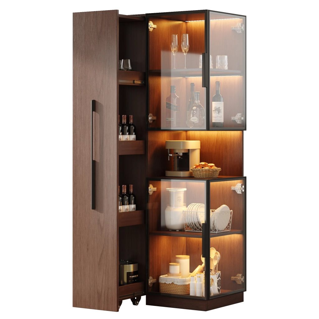 Vetrina alta in MDF e vetro 70×38×160 cm, colore noce, con ripiani estraibili e LED multicolore