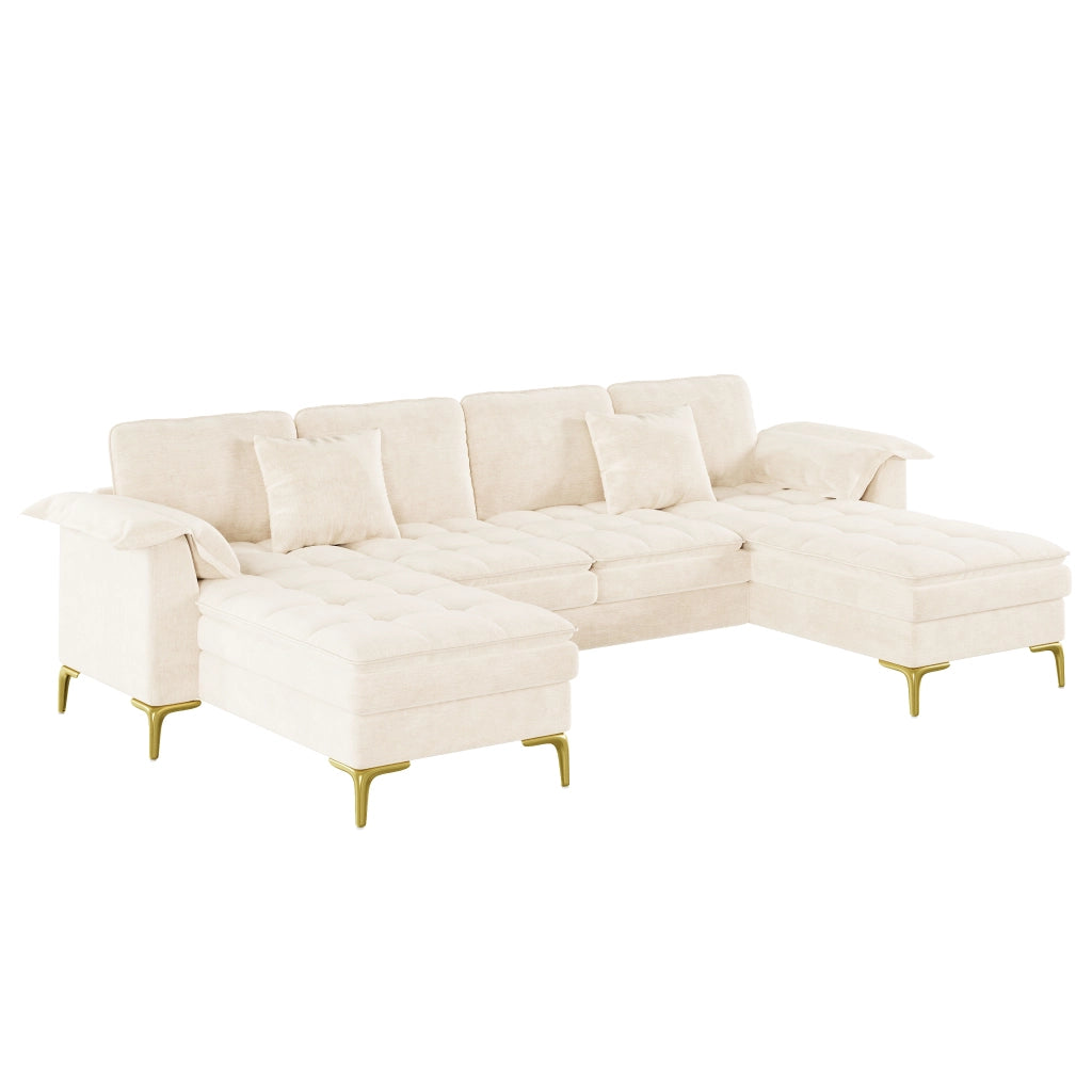 Divano panoramico a U modulare per 4-5 posti con due chaise longue e cuscini in ciniglia beige 262 × 134 × 86 cm