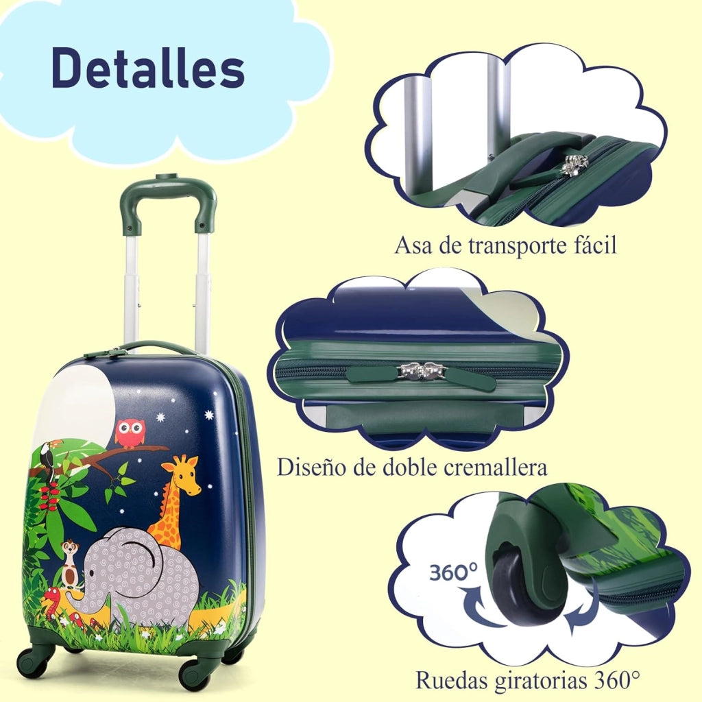 Set di Valigia 16’’ + Zaino 12’’ per Bambini 2 Pezzi, Bagagli 2-in-1 con Zainetto da Viaggio Aereo, Trolley con Maniglia Telescopica e 4 Ruote a 360° (Blu Jungla)