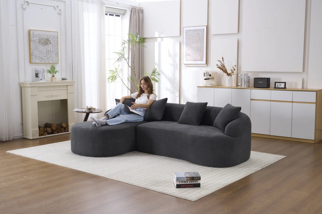 Divano modulare 3 posti con chaise longue sinistra e design curvo per soggiorno in chenille grigio scuro