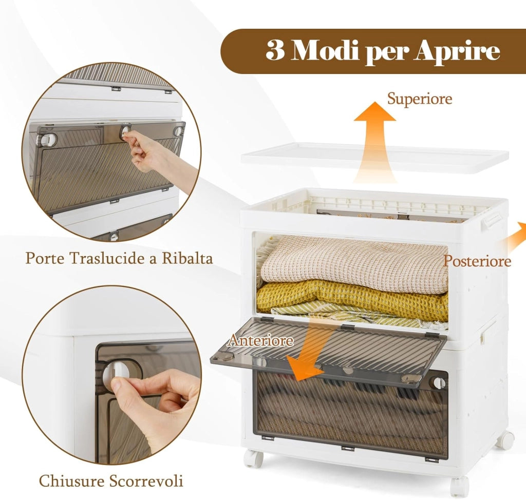 Comodino in Plastica Multipiano con Coperchio 126 L, Scatole Impilabili con 4 Ruote e Freni, Contenitori di Stoccaggio Pieghevole, per Soggiorno, Camera da Letto e Bagno, Bianco (3 Ripiani)