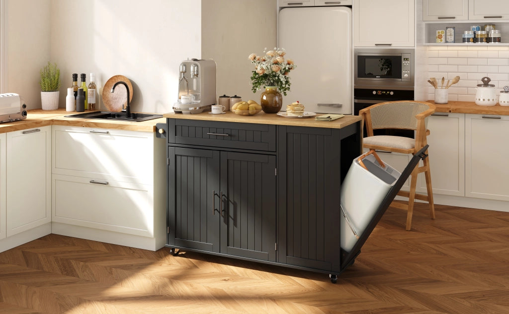 Isola da cucina mobile con piano ribaltabile, ruote bloccabili, credenza portaoggetti e vano rifiuti nascosto, 130x70x93 cm