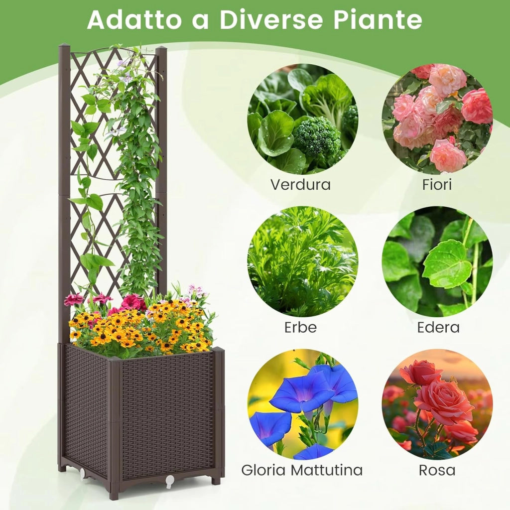 Letto da Giardino Elevato con Trellis a Lattice, Fioriera Autoinnaffiata per Piante Rampicanti, Fiori e Verdure, Fioriera Verticale da Interni e Esterni (Marrone,40 x 40 x 140 cm)