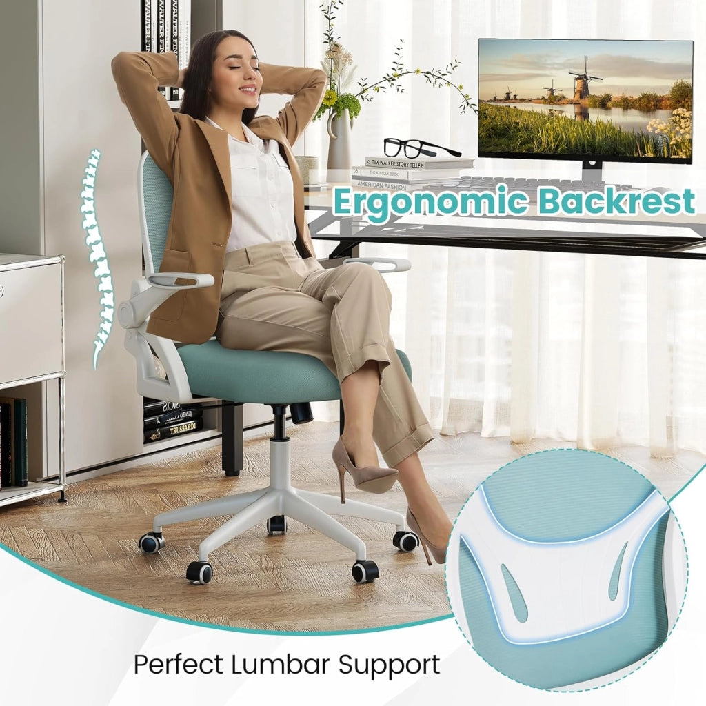 Sedia da scrivania ergonomica, sedia da ufficio girevole in rete con ruote, altezza regolabile e braccioli pieghevoli, seduta imbottita, supporto lombare, carico 150 kg (blu)