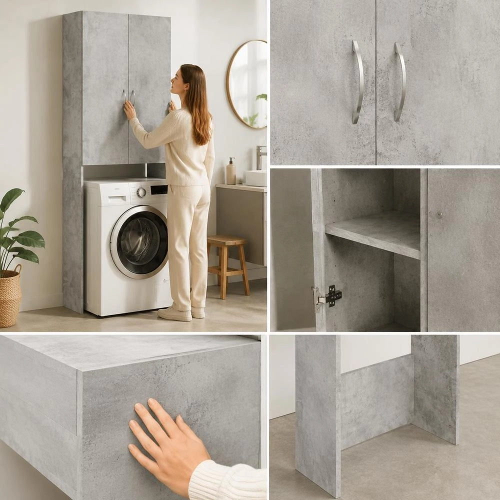 Washing Machine Cabinet, Concrete Grey, 64x25.5x190 Cm