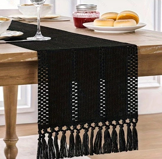 Tavolino di cotone-lino-poliestere misto e lino in stile boemo - 30 x 180 cm Tavolino rustico in stile fattoria - Decorazione tessuta per la fattoria - Tavolino con spazzole annodate - Ideale per un tavolo estivo o un posacenere da tè