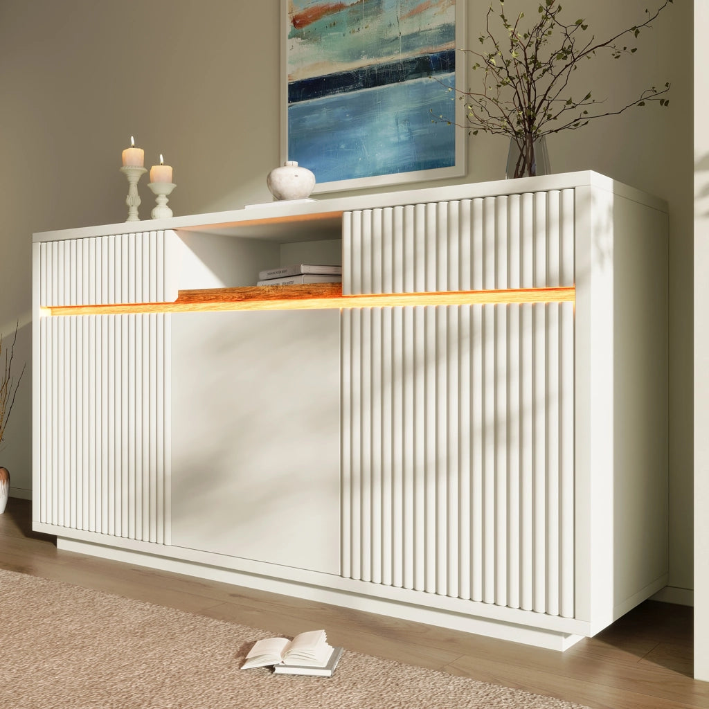 Credenza bianca con LED 2 cassetti 3 ante e ripiani regolabili in MDF e pannello truciolare 140 × 40 × 85 cm