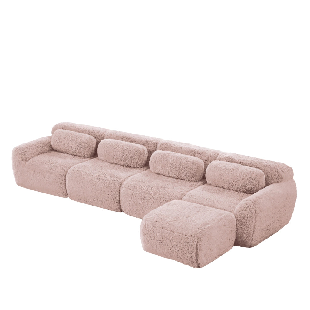 Divano Angolare 4 Posti con Chaise Longue ¨C MINIMAL ¨C Velluto Rosa, Cuscini Inclusi
