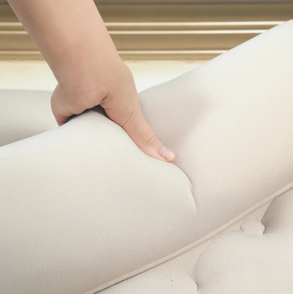 Panca imbottita beige in ciniglia con braccioli, 115 cm