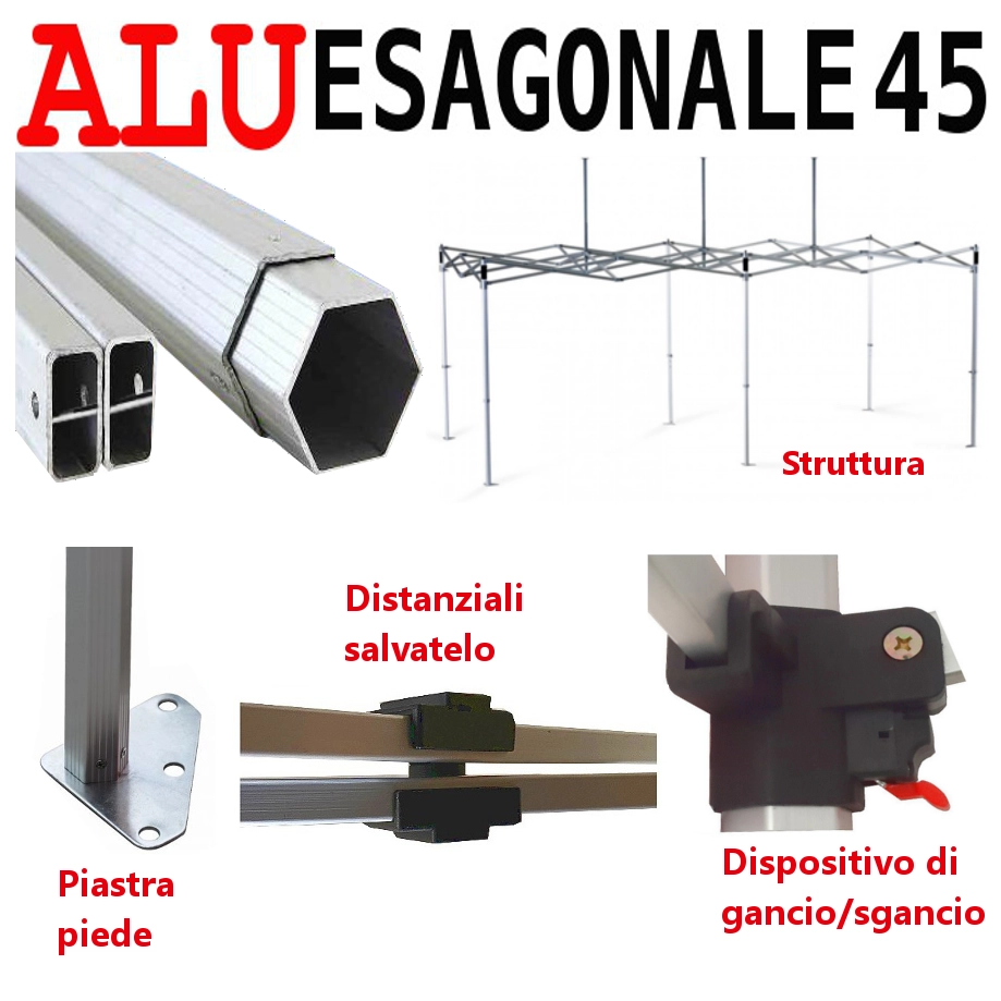 Gazebo 3x6 m nero SENZA laterali pieghevole alluminio piantone esagonale 45mm portatile estendibile richiudibile estensibile acciaio per fiere eventi stand chiosco tenda tendone mercato mercatino