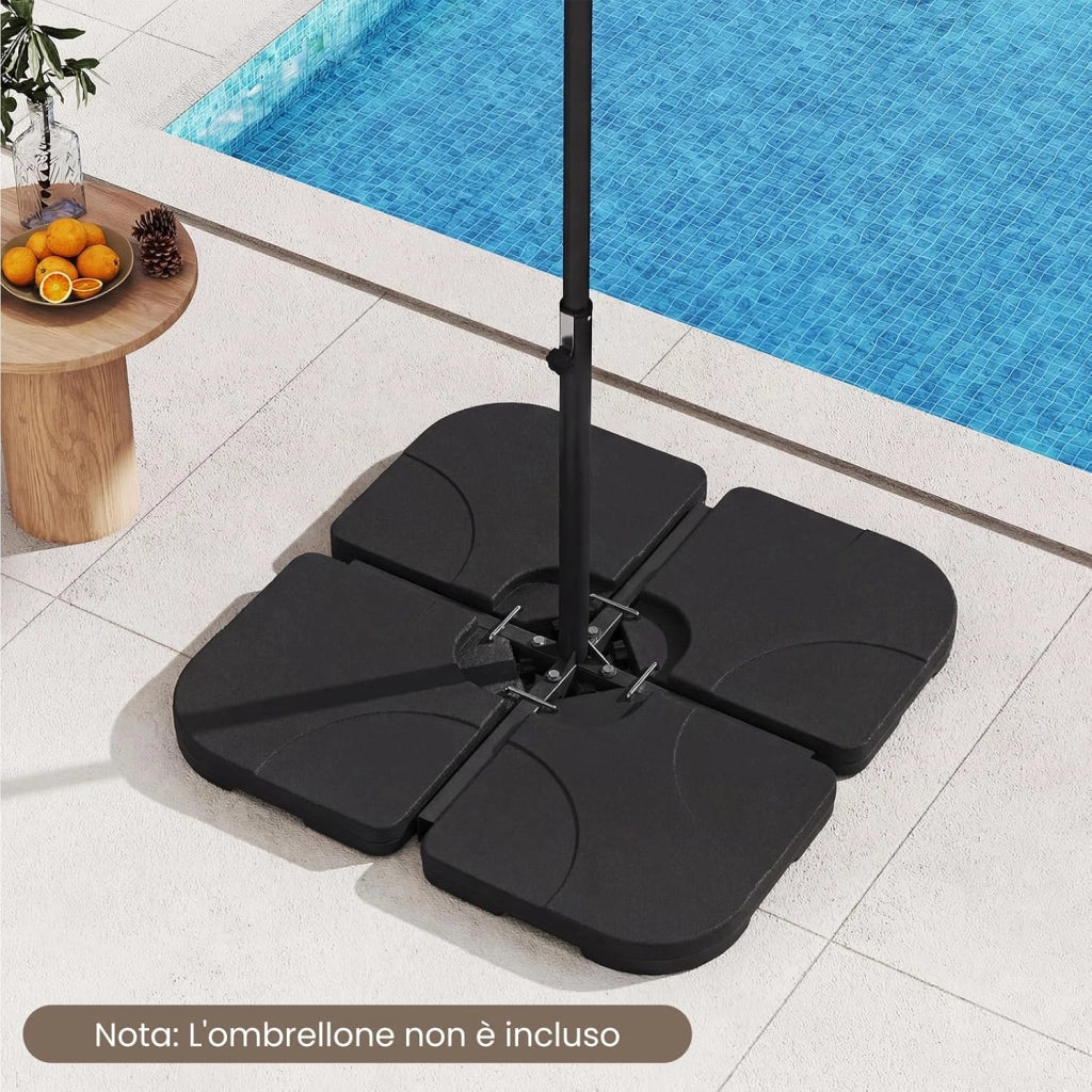 Base per Ombrellone in Plastica a 4 Pezzi, Supporto Ombrellone Riempibile 72 kg con Acaua e Sabbia, con Maniglia e 4 Perni in Meallo, per Patio e Bordo Piscina