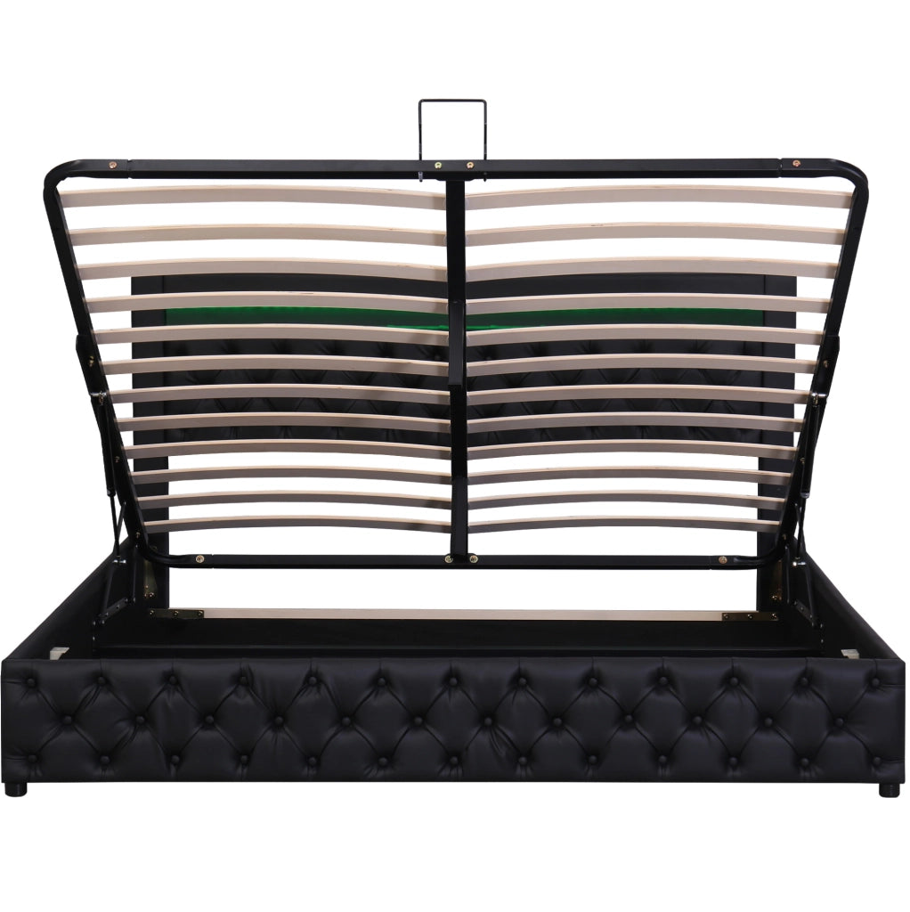 Letto imbottito 180x200 cm con contenitore; rete a doghe e LED; nero PU