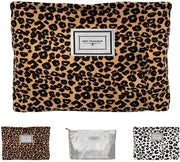 Borsa cosmetica per donne, borsa da toeletta per donne, borsa per trucco, borsa per trucco imbottita con chiusura a righello Borsa in pelle di leopardo (marrone)