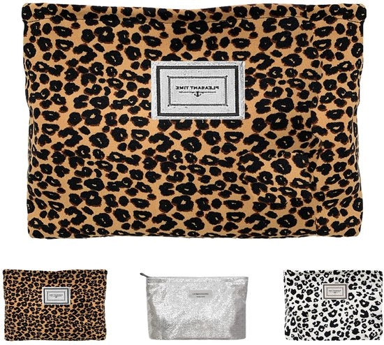 Borsa cosmetica per donne, borsa da toeletta per donne, borsa per trucco, borsa per trucco imbottita con chiusura a righello Borsa in pelle di leopardo (marrone)