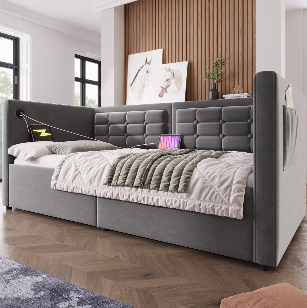 Divano letto idraulico 90x190 cm in velluto grigio con USB e Type-C; senza materasso