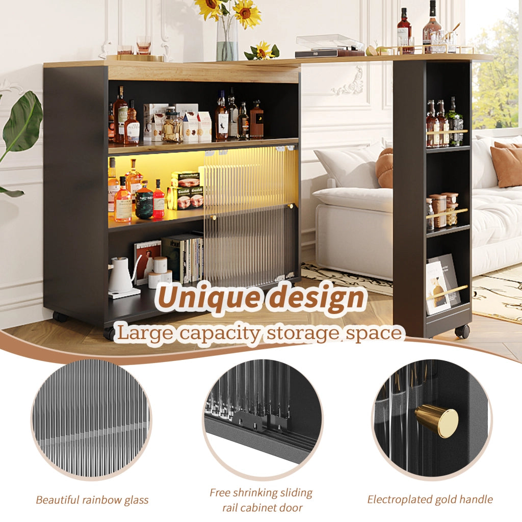 Tavolo Bar Estensibile con 3 Vani e 3 Livelli di Contenimento; LED; Ruote; in MDF; Nero; 138-204x39x105 cm