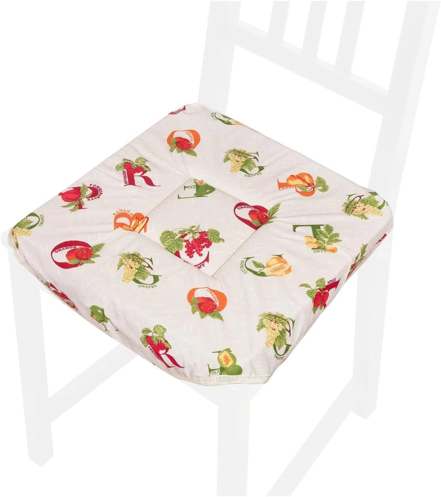 Set 6 Cuscini Sedia Cotone Universali Lettere & Frutta Coprisedie Lavabili Con Lacci