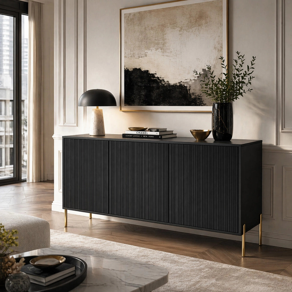 Credenza Moderna Madia Con 3 Ante Battenti Ripiani Interni Grande Spazio Contenitivo Struttura In Melaminico Per Soggiorno Sala Da Pranzo Corridoio Zona Living 154 X 38 X 80 Cm Nero