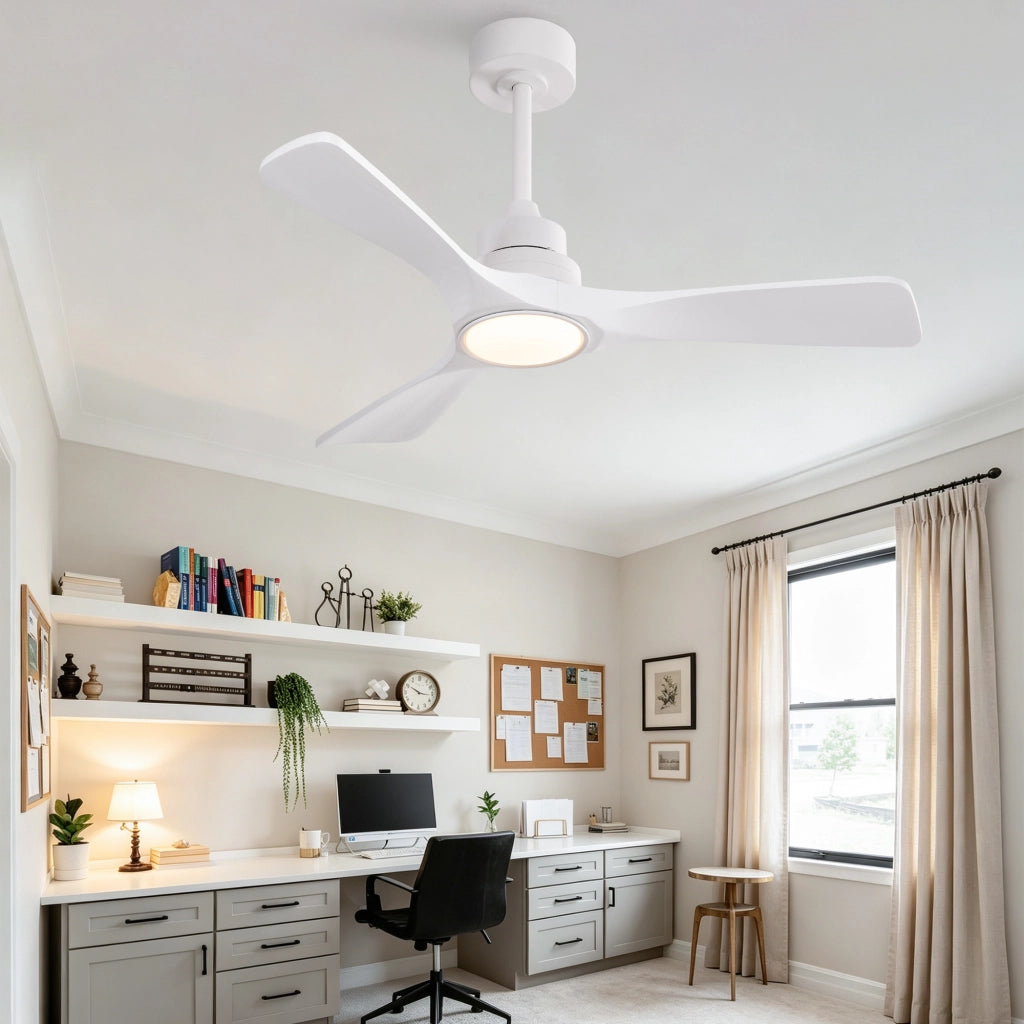 Ventilatore da soffitto bianco puro 42 pollici, 3 pale ad elica rinforzate in legno massello, motore DC reversibile silenzioso, design moderno