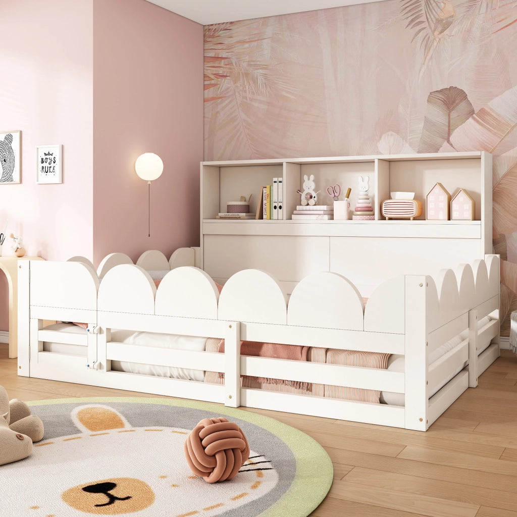 Letto per bambini 140 × 190 cm et 140 × 200 cm con barriera, porta e ripiani, senza materasso, in legno, bianco