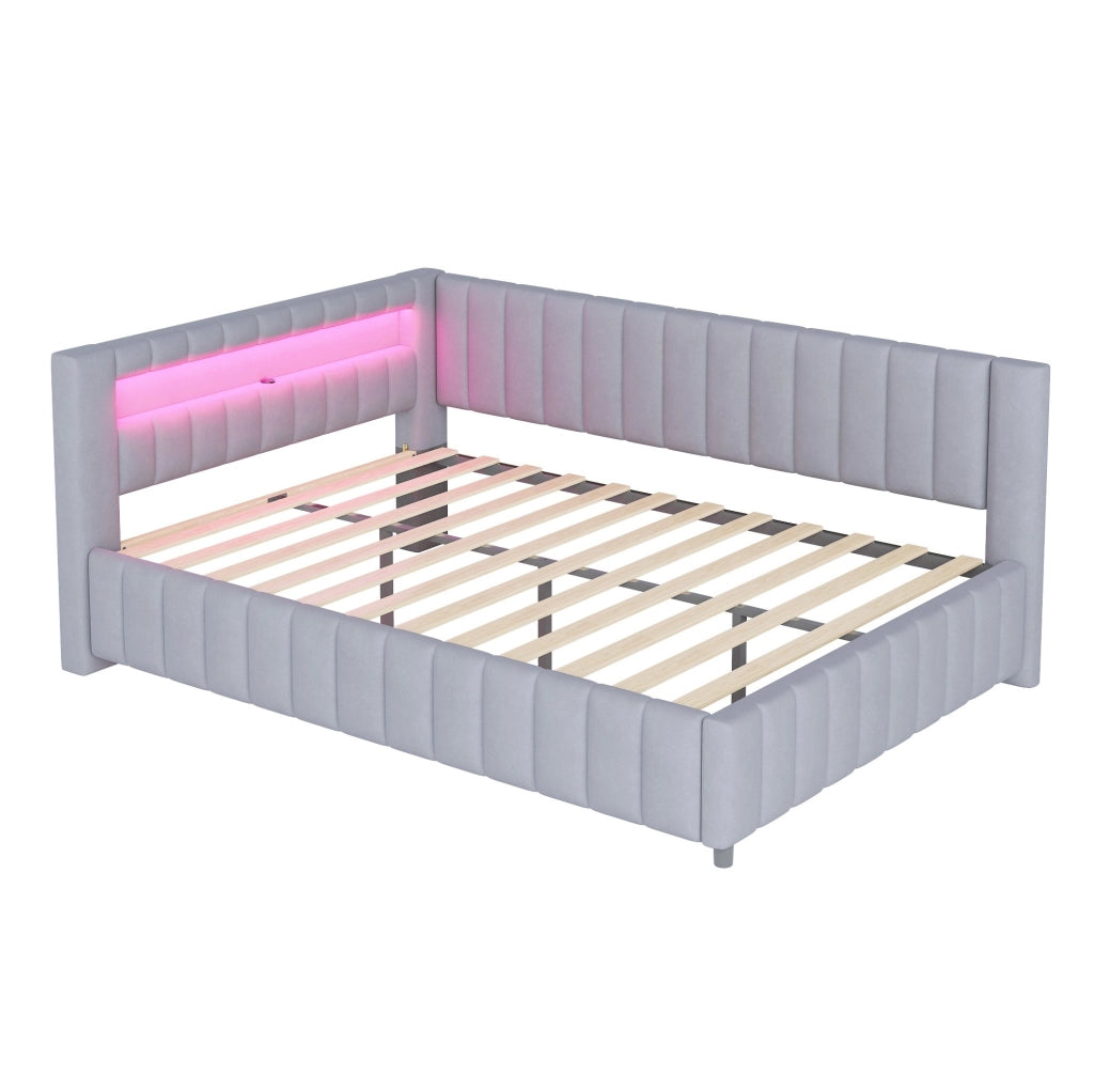 LETTO imbottito L 140x200 cm in velluto grigio con LED e porta USB