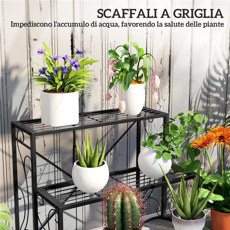 SCAFFALE PORTA PIANTE A 3 LIVELLI A SCALETTA PER INTERNO ED ESTERNO IN METALLO 60X60X60 CM NERO