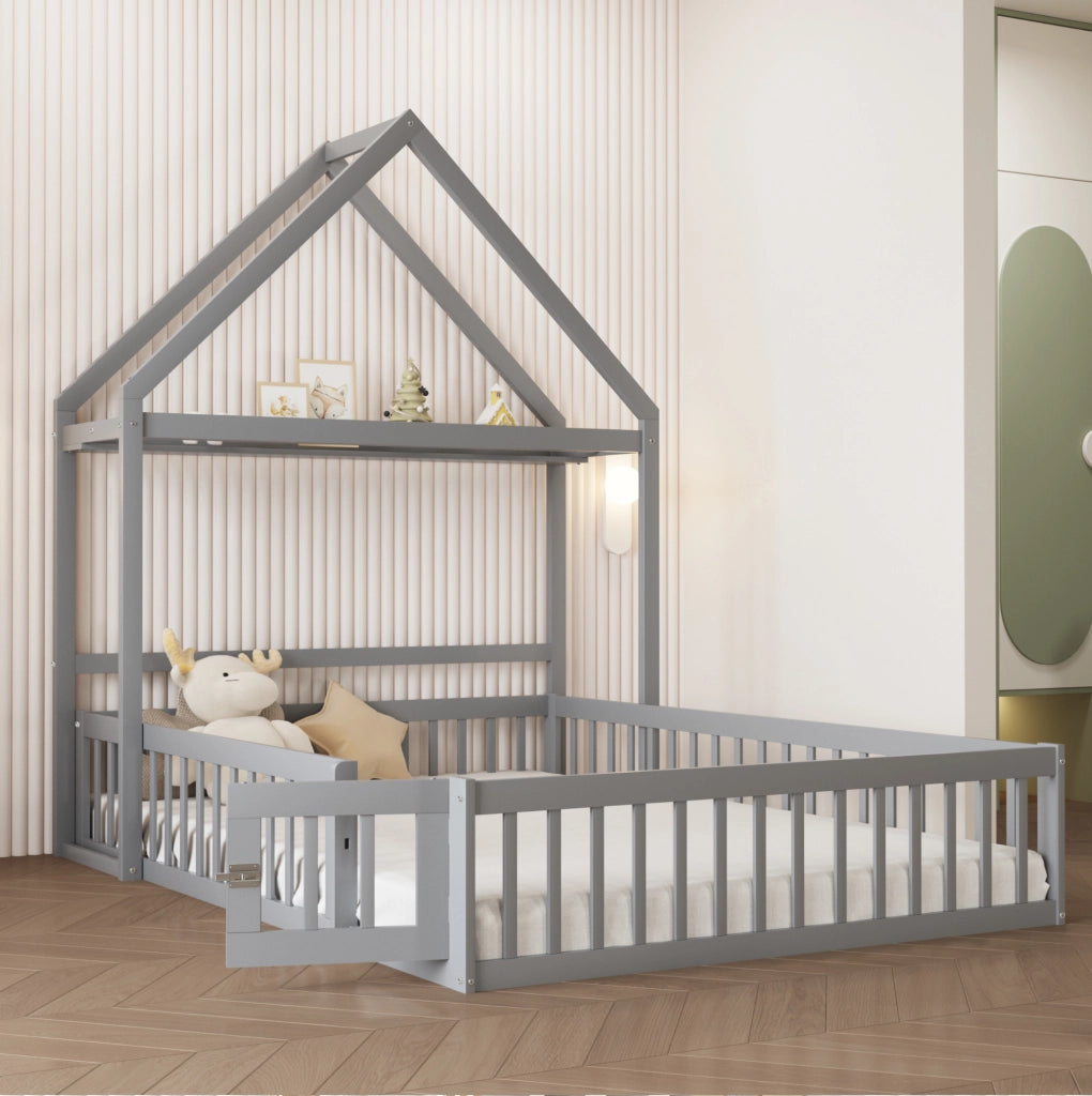 Letto per bambini a pavimento 140x200 cm grigio in legno massiccio di pino con sponda e spazio contenitore