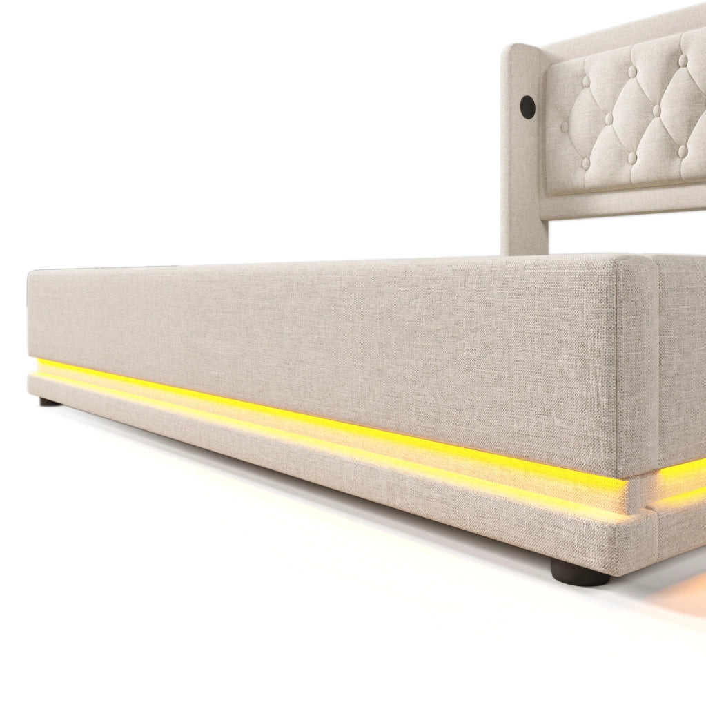 Letto matrimoniale imbottito 140x200 con contenitore, LED e porte USB/Type-C