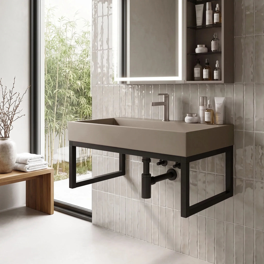 Lavabo In Conglomerato Rea Goya Taupe 70cm + Supporto