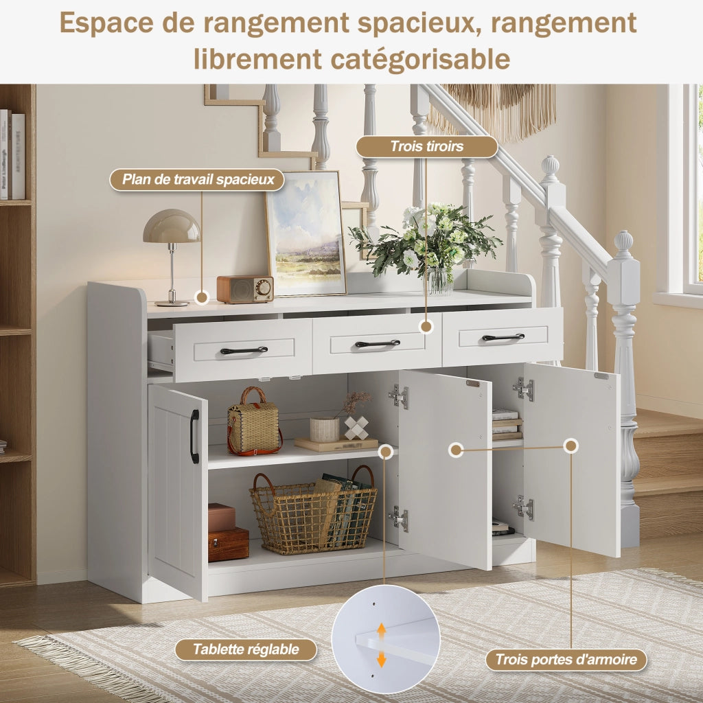 Credenza con 3 ante e 3 cassetti; ripiani regolabili - per soggiorno - bianco