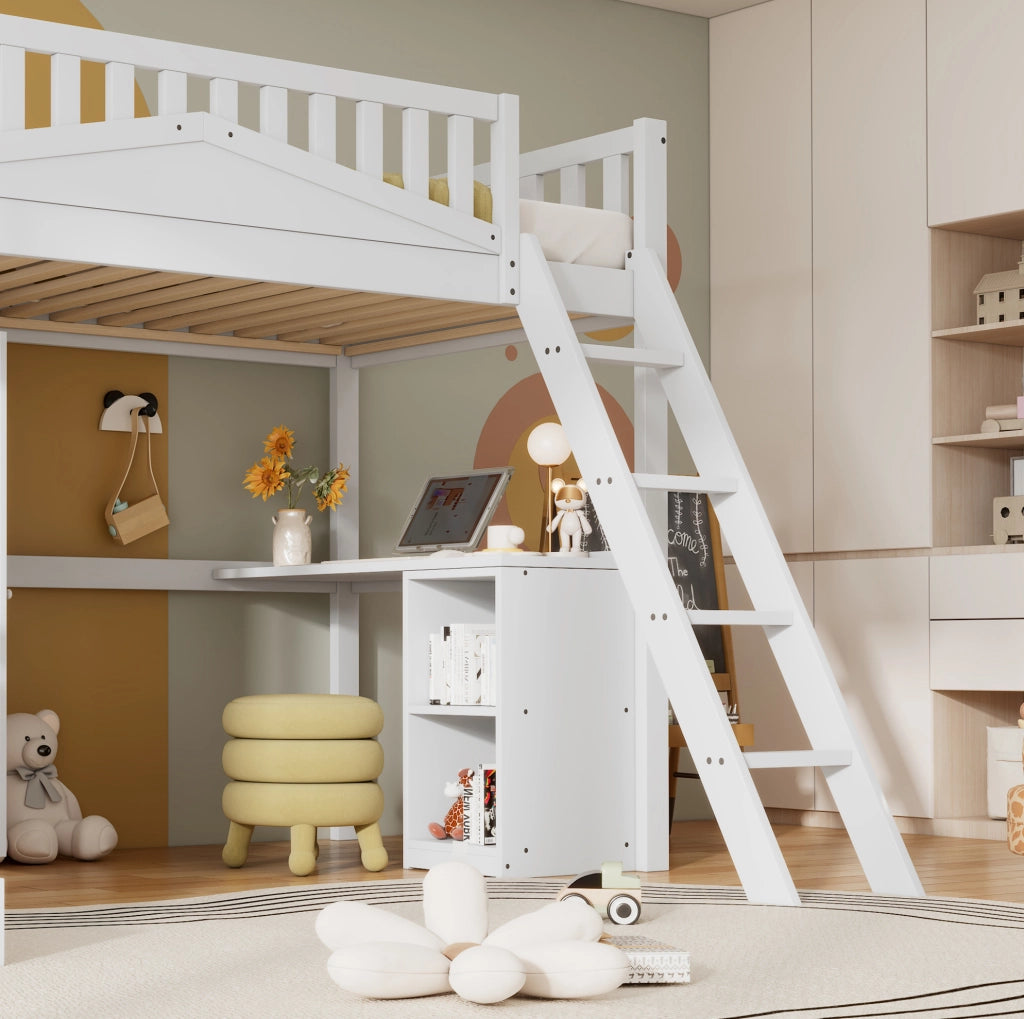 Letto a soppalco per bambini 90x200 cm bianco con scivolo, scrivania e armadio